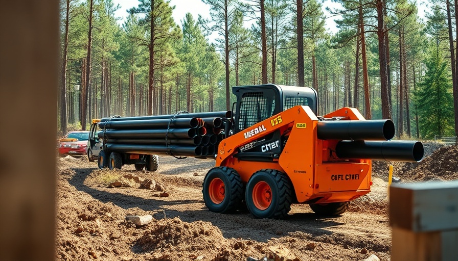 Skid-steer loader at construction site carrying pipes.