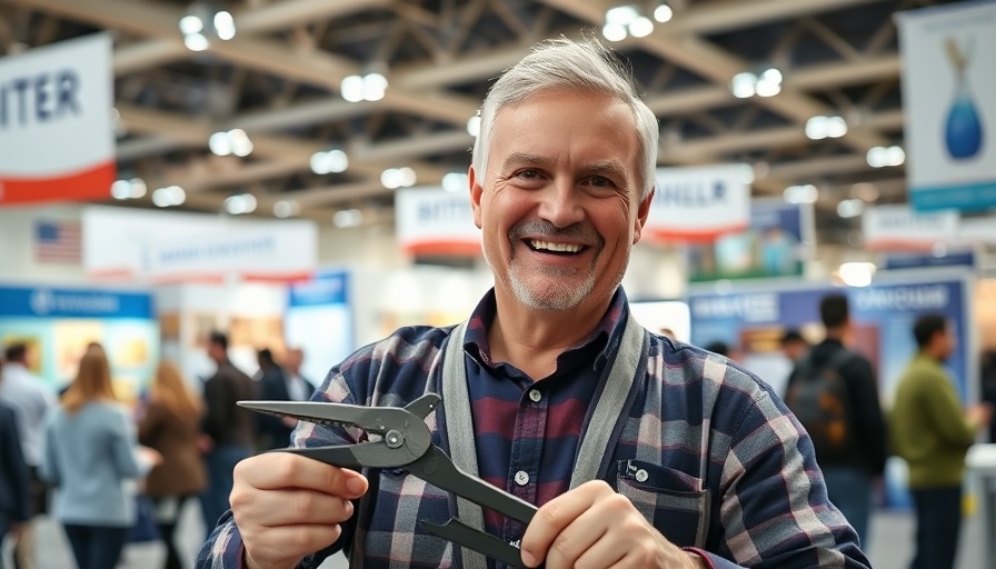 Middle-aged man showing pit plier kitchen tools at trade show.
