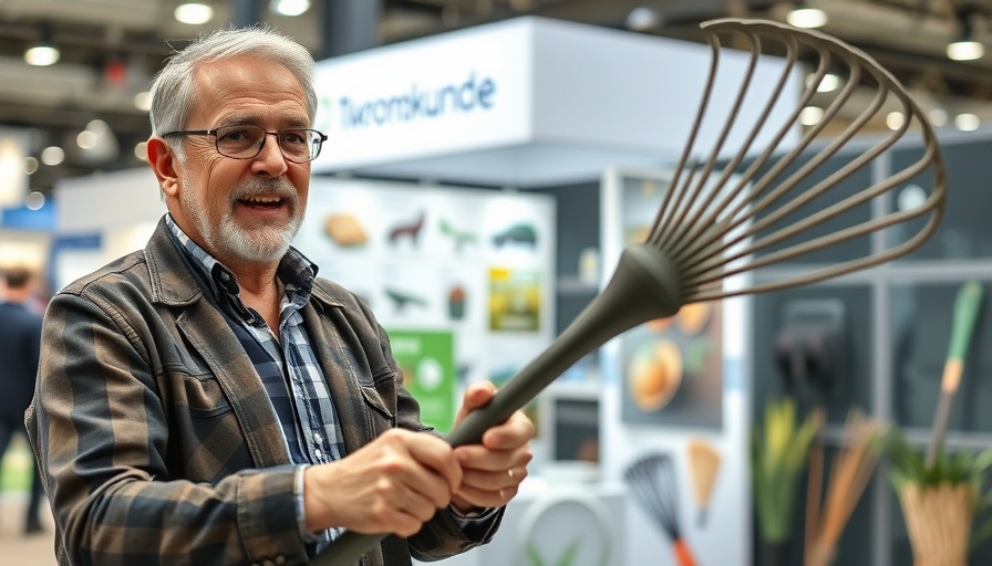 Middle-aged man showcasing innovative gardening tool at expo.