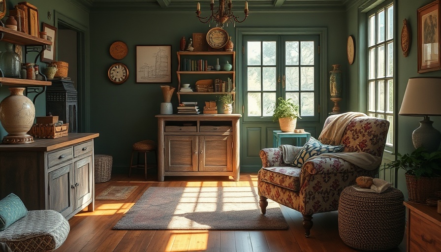 Cozy vintage living room with eclectic decor and patterned armchair.
