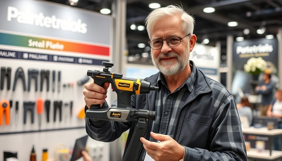 Multi-use painters tool invention displayed by middle-aged man at trade show.