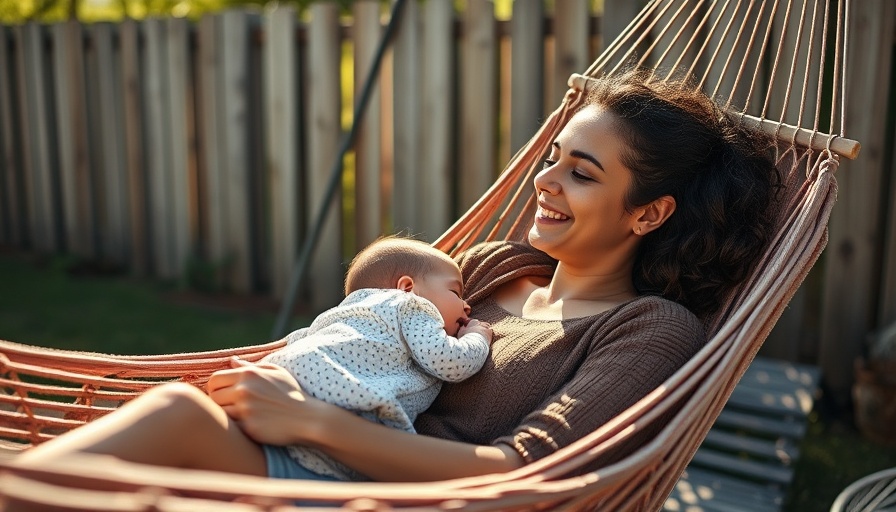 New mom relaxes in hammock with baby, enjoying sunlight.