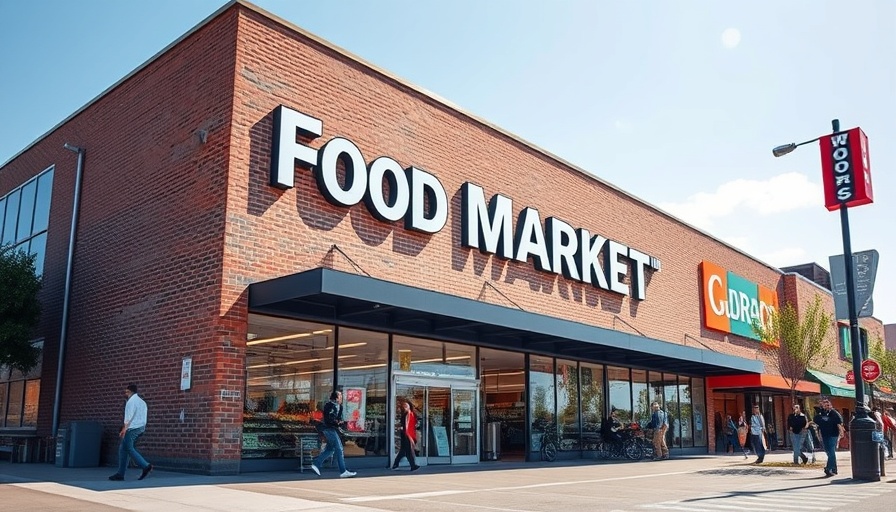 Contemporary grocery store exterior on a sunny day with brick facade.