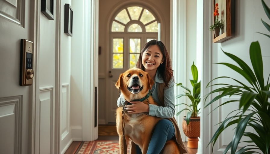 Bright entryway with modern doorbell and woman petting dog.