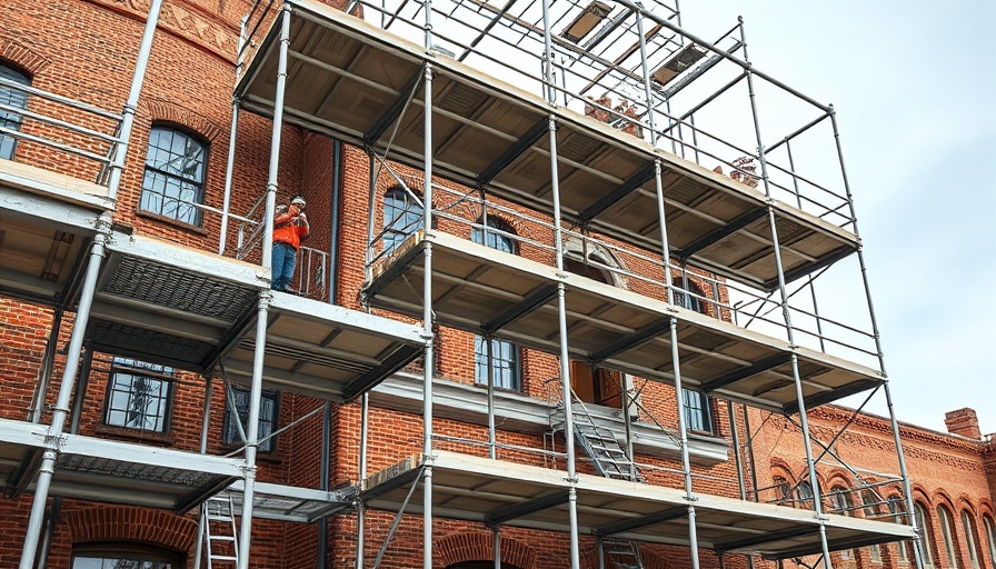 Construction workers on scaffolding in front of a brick building for different types of scaffolding.