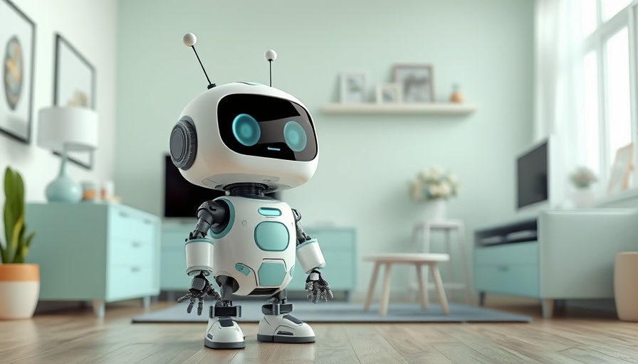 Playful robot in an Ikea smart home setting, cartoon style.