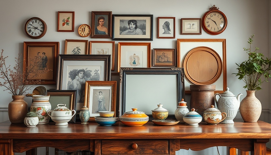 Artful vintage home decor arrangement with antique frames and ceramics.