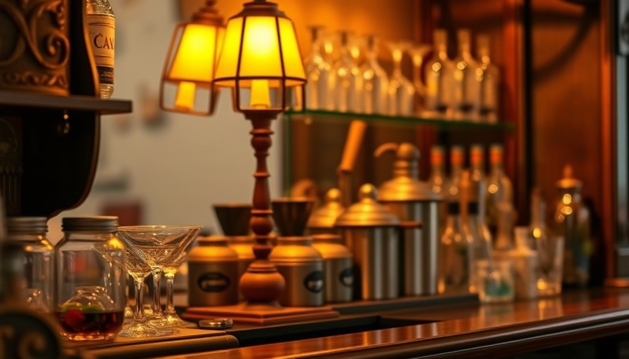 Affordable vintage art in a cozy, vintage-style home bar setup.