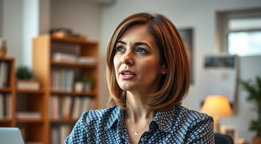 Professional woman addressing anxiety relief techniques in a warm office setting.