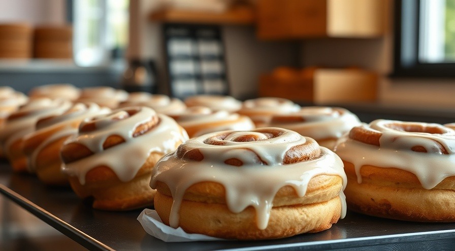 Freshly glazed cinnamon rolls at La Grange bakery, a local coffee shop offering a unique cafe experience.