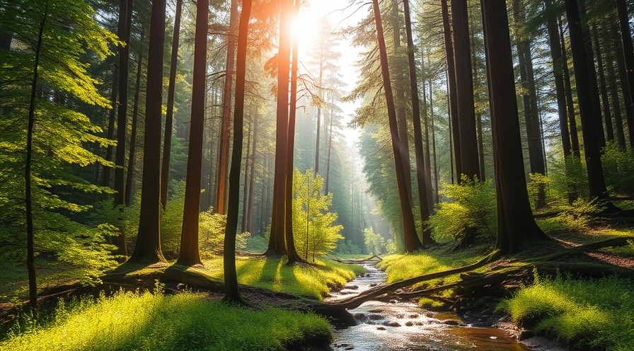 Escape the NC Hustle: A serene forest scene with sunlight, greenery, and a calming stream.