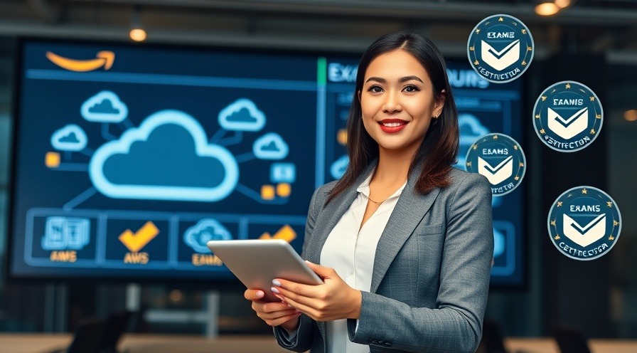 Confident young woman in professional attire surrounded by AWS certification badges.