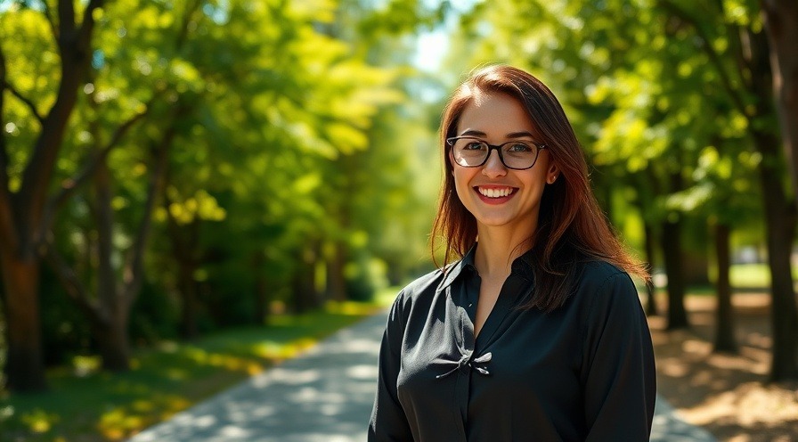Smiling woman in a park showcases allergy treatment tips amid sunlit trees.