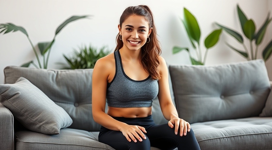 Young woman doing arthritis exercises, seated on gray sofa, promoting joint mobility.