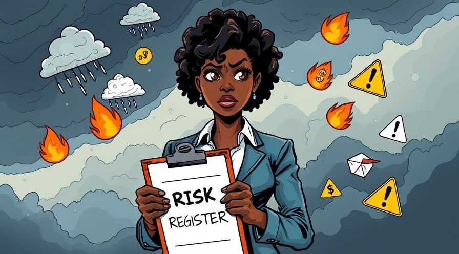 project manager with 'Risk Register' clipboard, stormy sky background