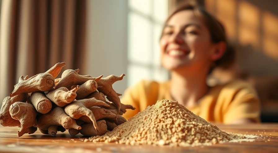 Ashwagandha root and powder in warm lighting, highlighting modern wellness.