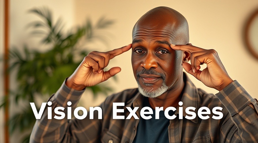 Middle-aged man demonstrates vision exercises for eye health in a warm indoor setting.