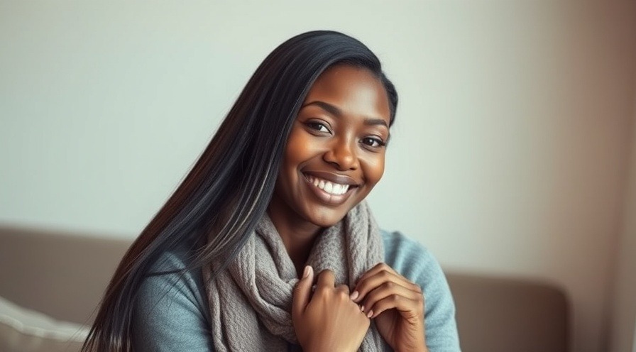Young woman practicing stress relief techniques, smiling with a soft scarf.