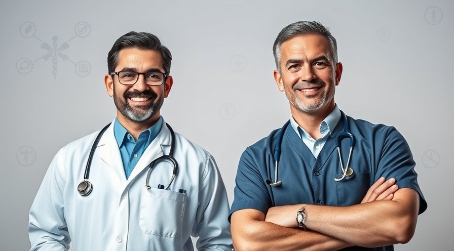 Two confident men in medical uniforms discussing cardiovascular health risks and lifestyle adjustments.