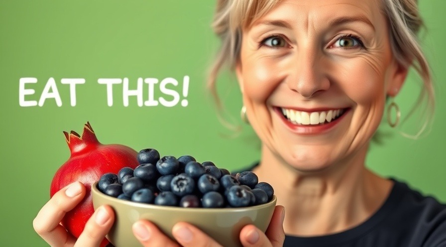 Middle-aged woman smiling with blueberries and pomegranate, showcasing holistic solutions.