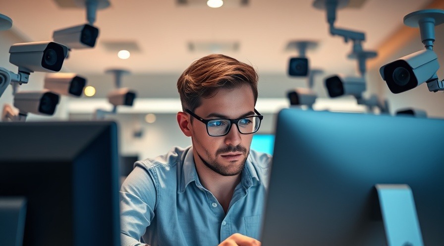 Focused young man taking online exam in modern office with cameras.