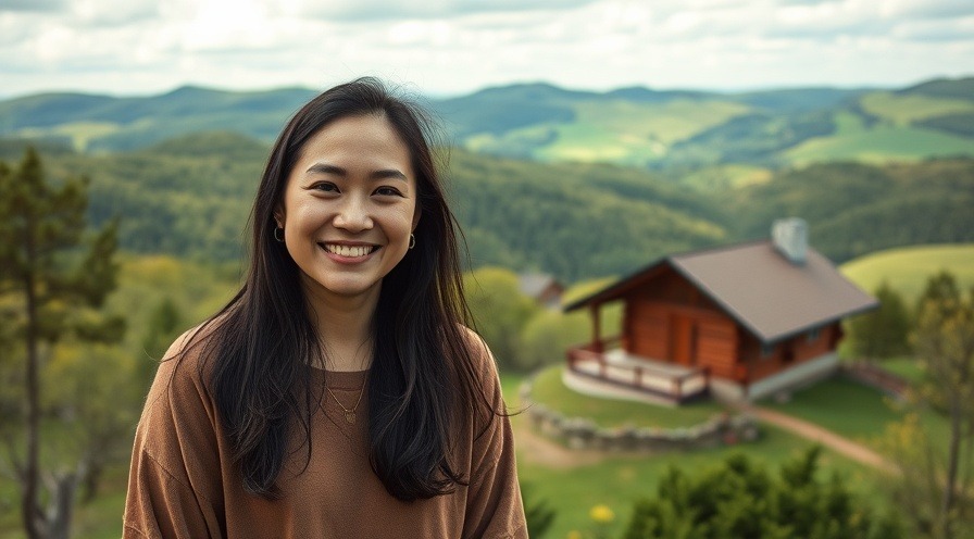 Smiling woman at North Carolina cabins with a scenic hillside view.
