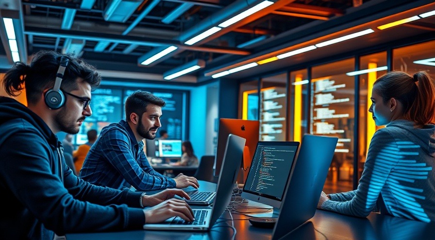Team collaborating on coding in a futuristic office with sleek technology