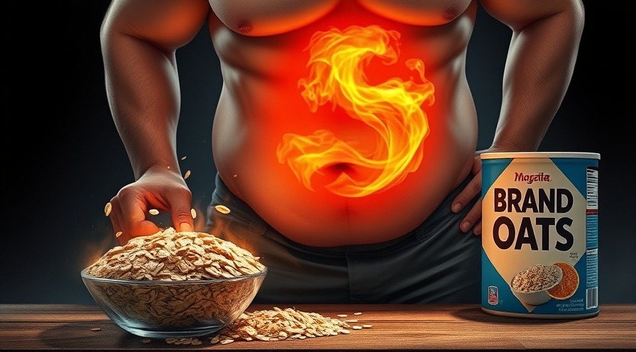 Dynamic illustration of oats promoting weight loss, featuring an overweight torso with a fiery stomach.