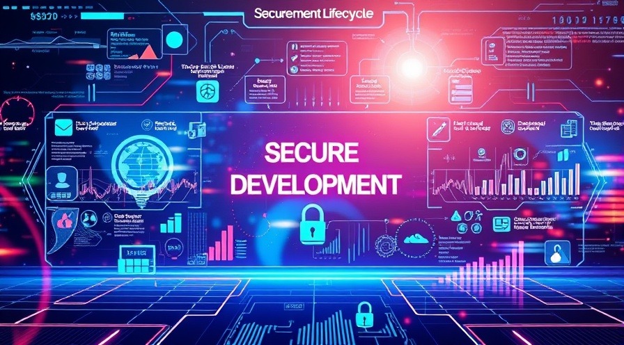 Futuristic visualization of Secure Development Lifecycle with vibrant colors and dynamic interfaces