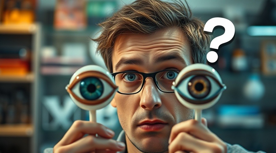 Curious man examines eye models, exploring cornea cone shape and keratoconus symptoms.