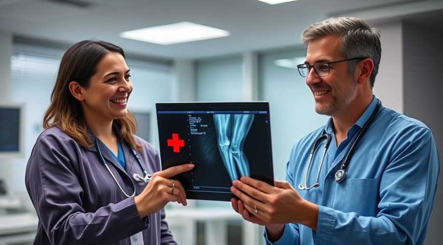 Two doctors discussing knee ultrasound, sharing opinions in a modern clinical setting.