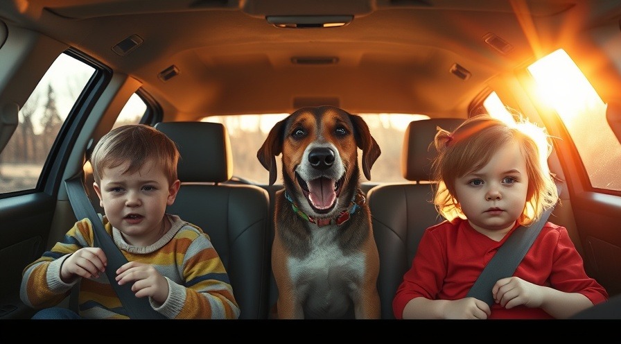Cranky children and family dog in parked car, warm sunlight, detailed interior