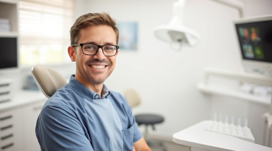 Smiling dentist in a dental office, providing friendly patient care.