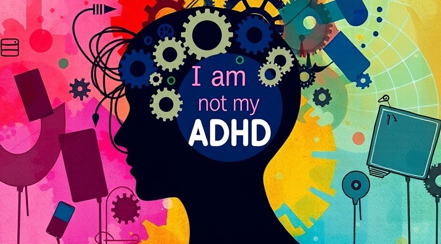 Conceptual silhouette with gears and thought bubbles, highlighting 'I am not my ADHD'.