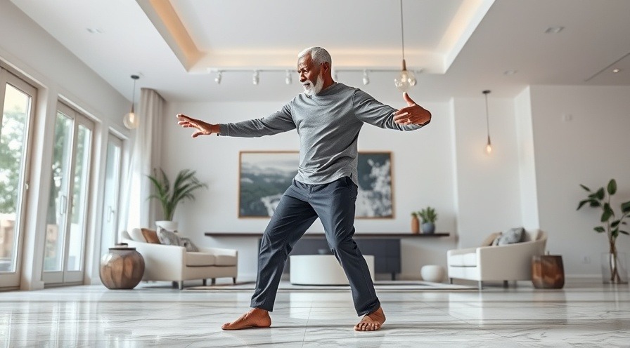 Senior man doing chair fitness exercises in a bright living room.