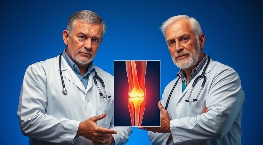 Two doctors discussing injury treatment, highlighting knee illustration, talking with doctors.