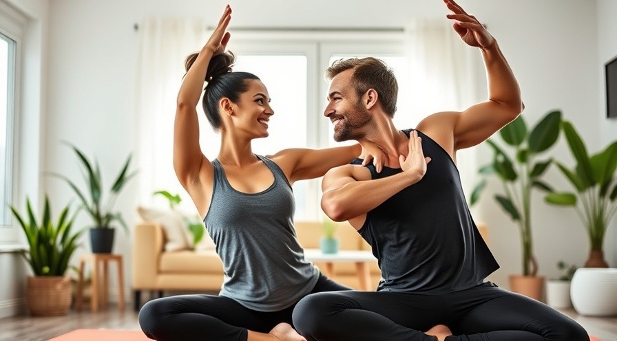couple in athletic wear practicing partner yoga in a bright, modern home, showcasing fitness and connection.