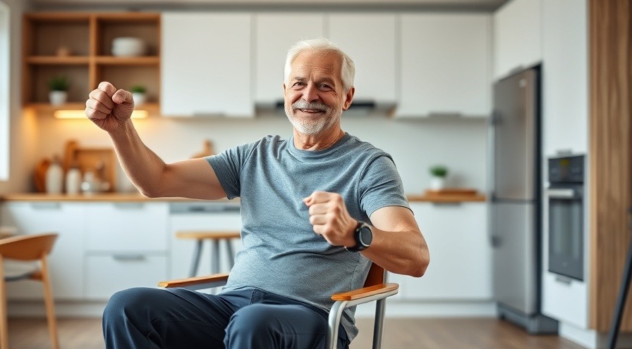 Energetic senior citizen engaging in chair fitness exercises at home.