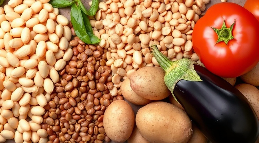 Colorful assortment of beans, peanuts, lentils, tomatoes, potatoes, and eggplant.