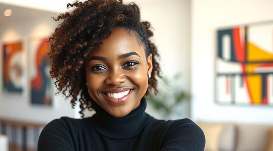 Confident woman smiling, embodying emotional health in a vibrant modern setting.