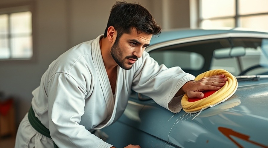 Karate student polishing an old car, building muscle memory