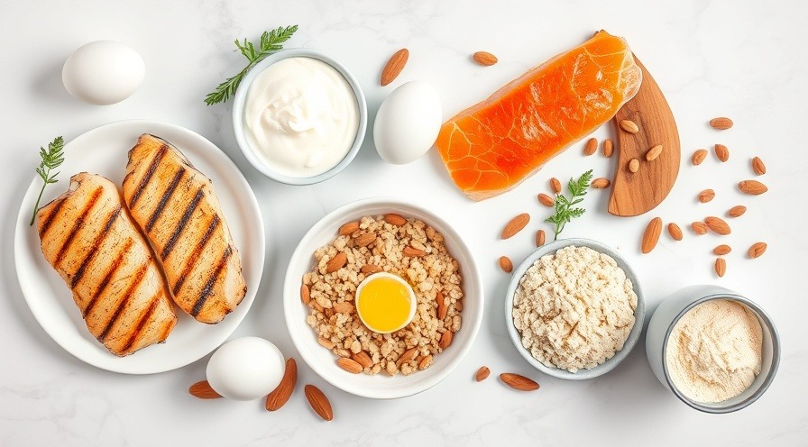Vibrant flat lay of high-protein foods on a marble surface for health and wellness.