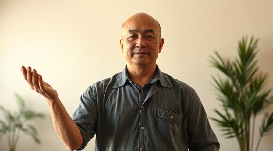 man demonstrating an acupressure technique for stress relief indoors.