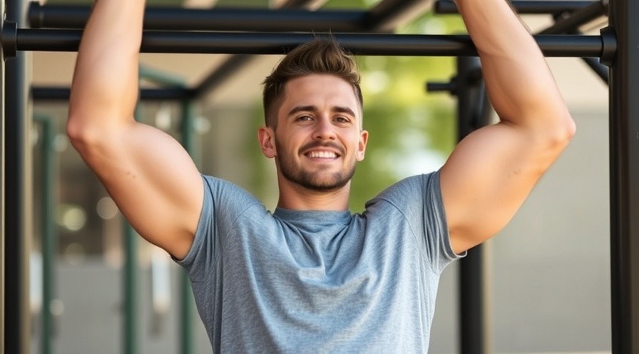 Young man doing pull ups on outdoor workout equipment for fitness training.
