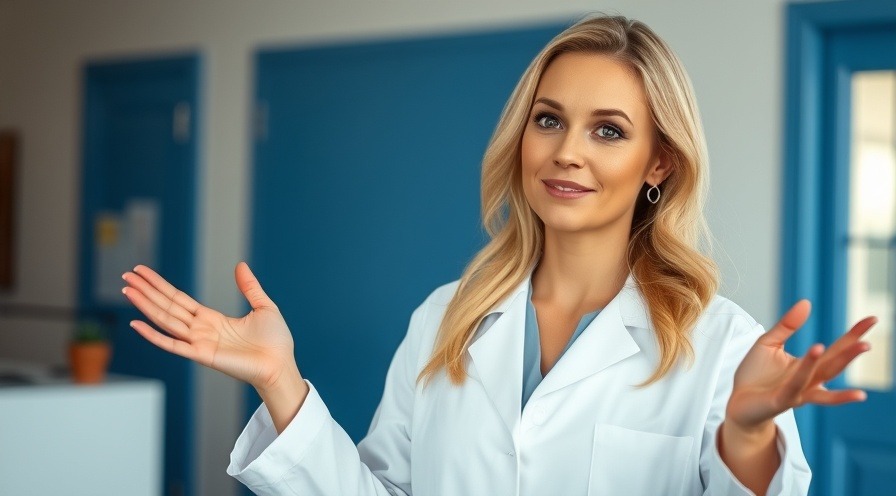 Confident blonde woman in a white coat discusses oral hygiene and dietary choices.