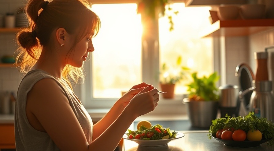 A serene kitchen scene with a person enjoying a nutrient-rich salad in warm light.