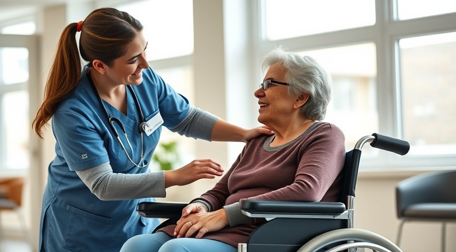 Supportive caregiver providing IDD care to young woman in wheelchair, warm interaction.