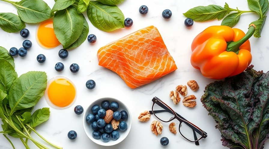 Vibrant flat lay of eye-healthy foods like salmon and blueberries on marble.