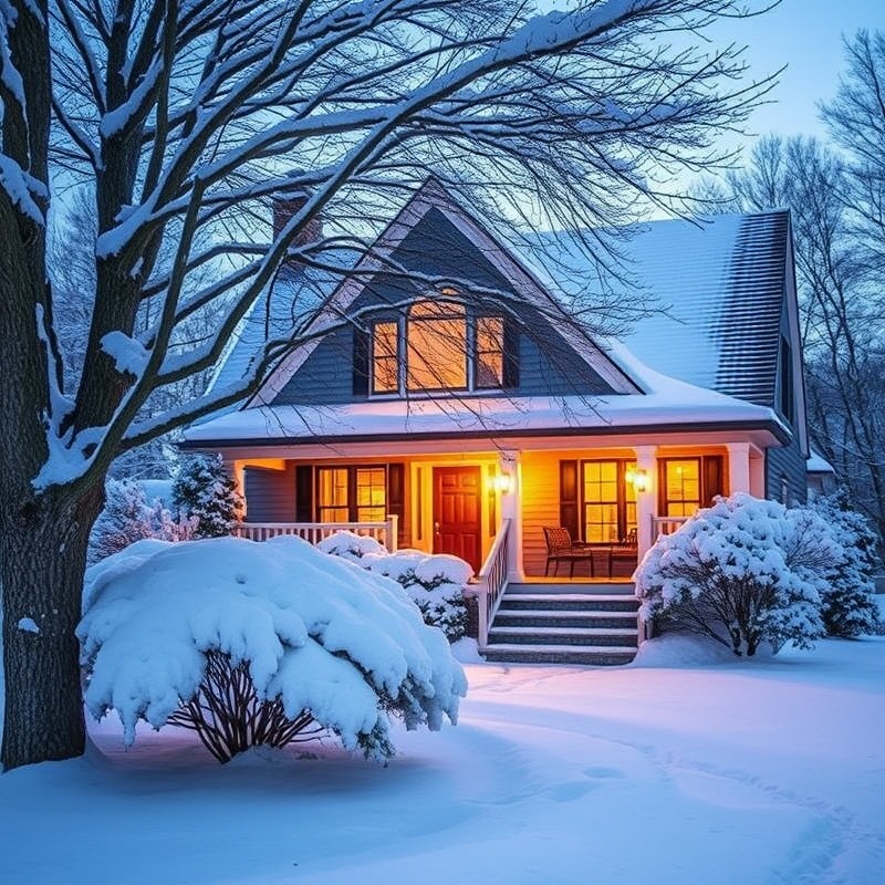 brightly lit home with snow on ground