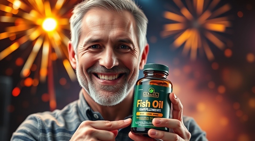 Smiling man with fish oil supplements, promoting omega-3 fatty acids for heart health.